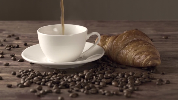 Hot Black Americano Coffee with Croissants Bakery
