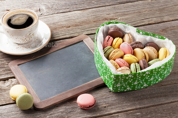Colorful macaroons in Valentines day heart box - Stock Photo - Images