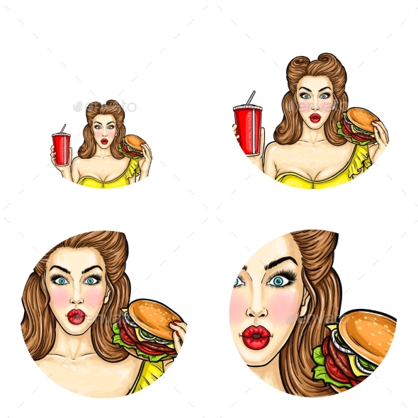 Vector Pop Art Avatar of Pin Up Girl with Burger