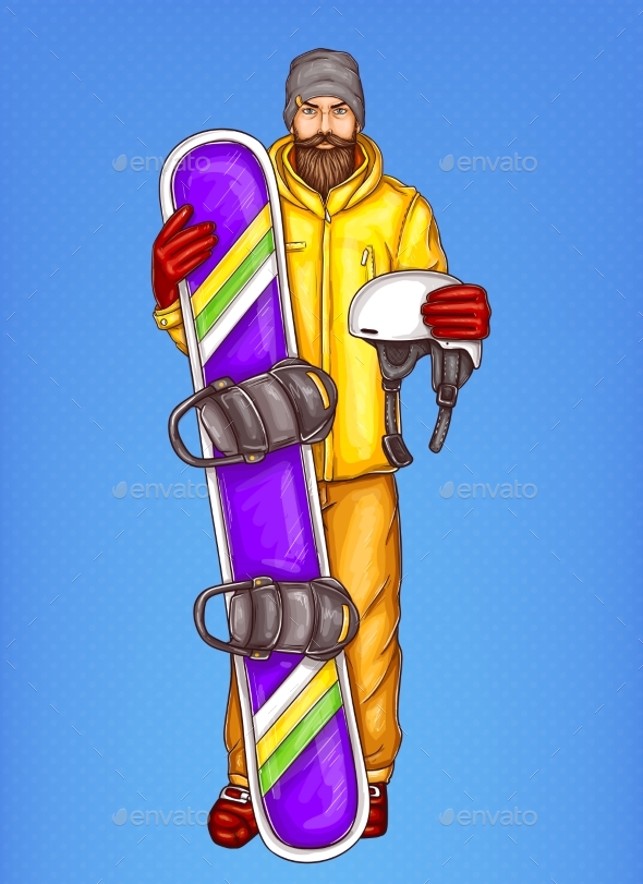 Vector Pop Art Bearded Man with Snowboard