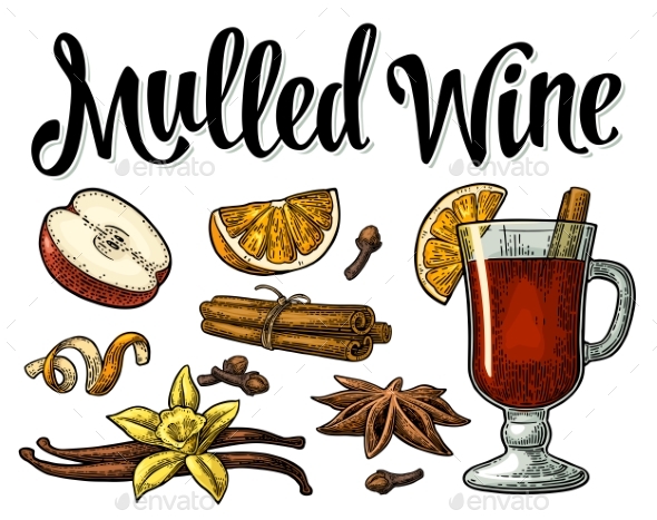 Mulled Wine with Glass and Ingredients - Food Objects