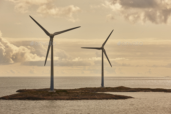 Wind turbines in the baltic sea. Renewable energy. Finland seascape