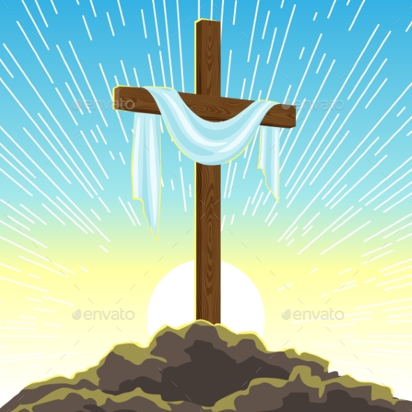 Silhouette of Wooden Cross with Shroud. Happy - Religion Conceptual