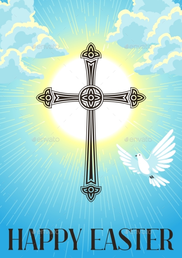 Silhouette of Ornate Cross with Dove. Happy Easter - Religion Conceptual