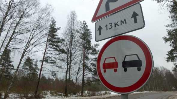 Road Warning Sign Overtaking Is Forbidden and Dangerous Turns alt