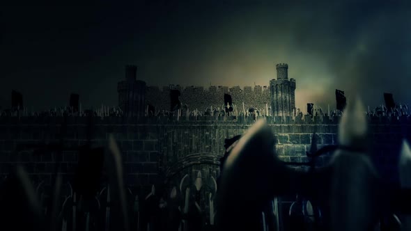 Great Medieval Army Marching In A Castle Under A Lightning Storm alt