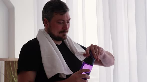 Exhausted Fitness Satisfied Man Home Training alt