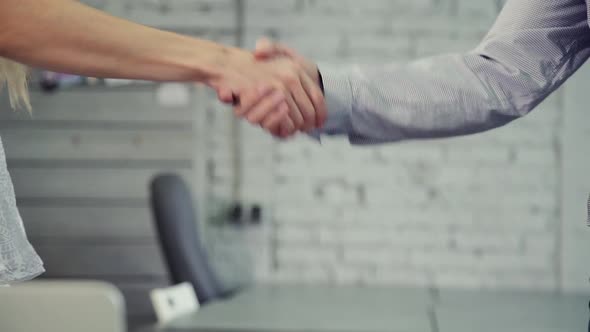 Female Partner Is Making Handshake Together with Confident Man at Office Background.
