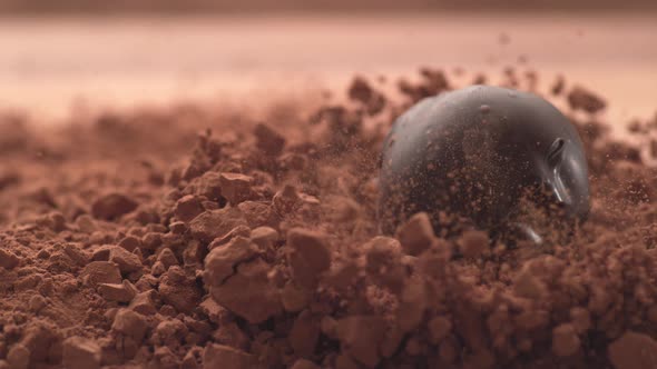 Chocolate truffles falling into chocolate powder in super slow motion.  Shot on Phantom Flex 4K high