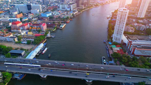 Aerial view over Bangkok city and Chao phraya river alt