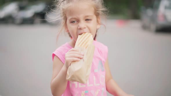 Little Girl Eat Hot Dog Summer Park Food And Drink Concept alt