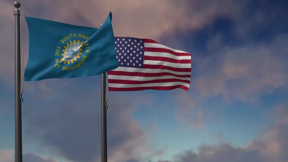 South Dakota State Flag Waving Along With The National Flag Of The USA - 2K alt