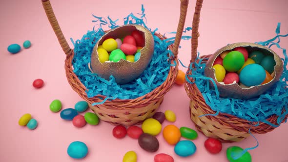 Easter Egg with Colorful Candies in a Basket Close Up