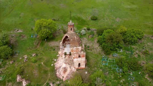 Flight over the ancient ruined temple. Top view of a historical local landmark alt