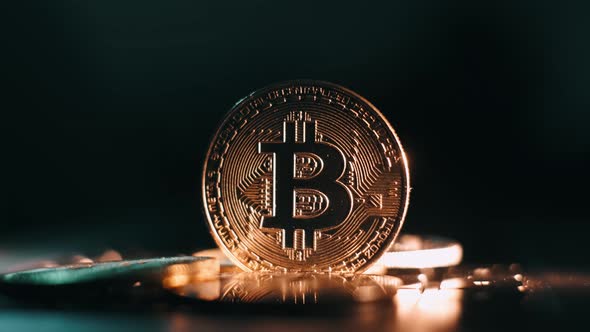 Bitcoin. Crypto Currency Gold Bitcoin BTC. Macro Shot of Bitcoin Coins Isolated on Black Background alt