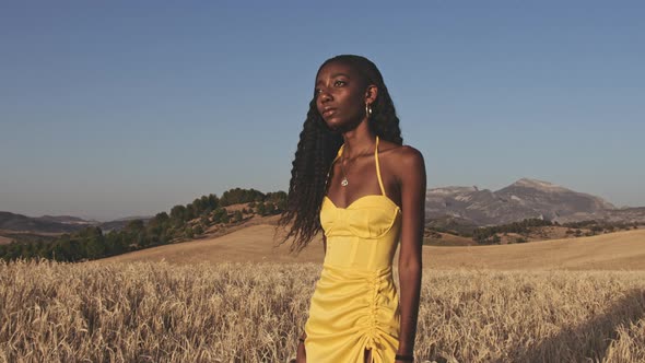 Mountain Silhouettes and Portrait of Gorgeous Lady in Yellow Dress in Fields alt