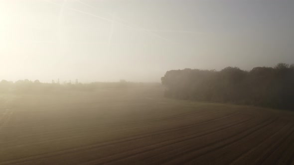 Drone View Of Morning Fog Over Fields
