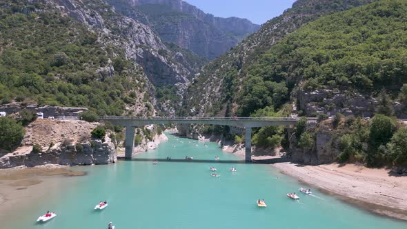 Flying towards a bridge over Verdon Gorge (Gorge du Verdon), Provence, France alt