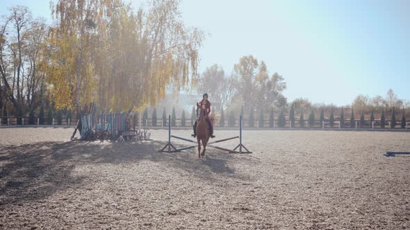 Young Caucasian Girl in Pink Clothes and Horse Riding Helmet Jumps the Barrier on Graceful Brown alt