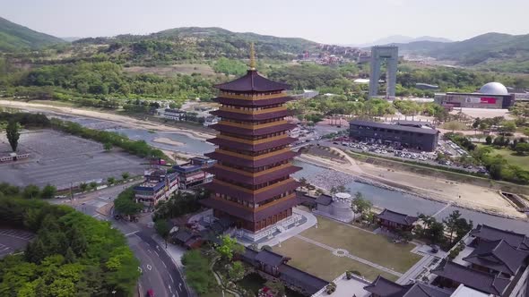 Aerial Footage of Pagoda in Traditional Korean Style in Gyeongju in South Korea alt