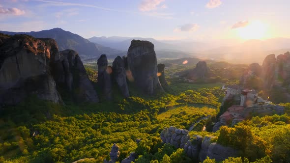 Meteora Monasteries in Greece on Sunset alt