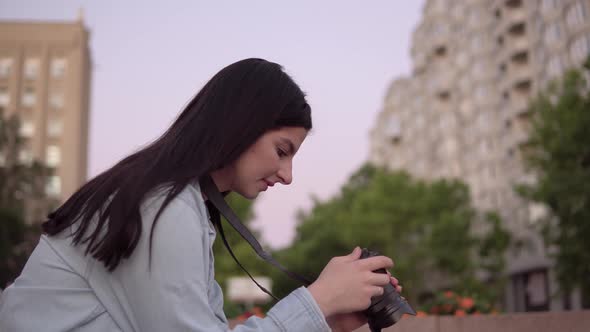 Woman Photographer Blogger with Camera Street Photo Shoot Freelancer Working