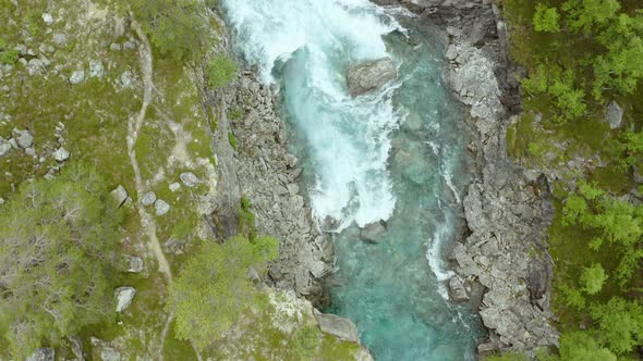 Bird's Eye View Of The Strynselva River In Stryn, Vestland County, Norway. aerial alt