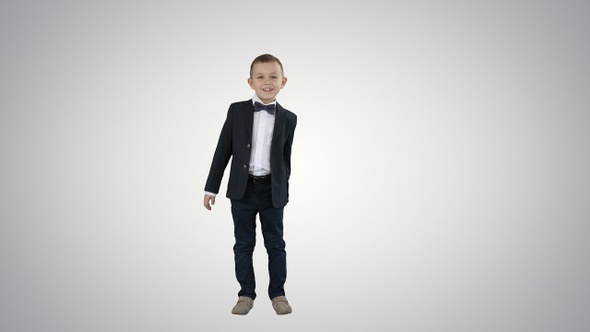 Little businessman presenting something and goes away on alt