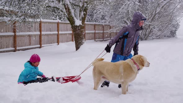 Kids pulling sled in snow alt
