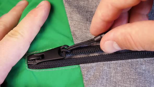 Locking Zipper on Green Gray Fabric Cloth
