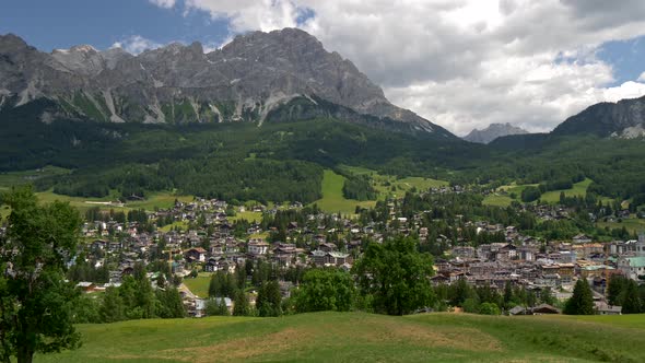 Panning Shot of Cortina d'Ampezzo, Italy, Alpine Resort in the Dolomites,South Tyrol in Summer alt