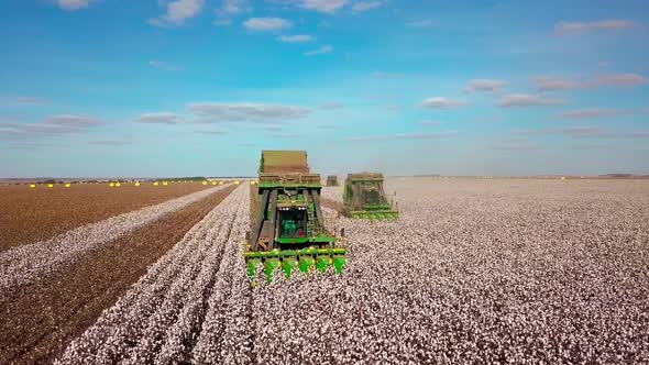 Tractor combine pickers harvesting cotton bools - aerial pull back leading view alt