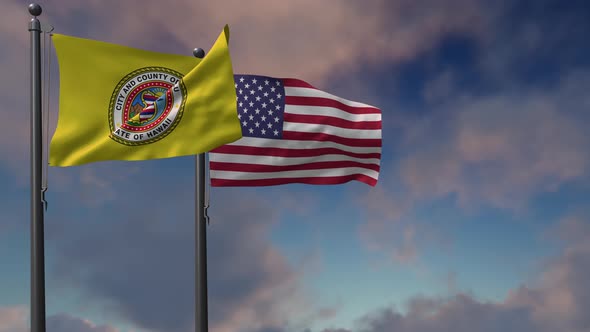 Honolulu City Flag Waving Along With The National Flag Of The USA - 4K alt
