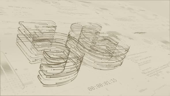 Brown particles 5G logo with HUD and futuristic technology on old paper background