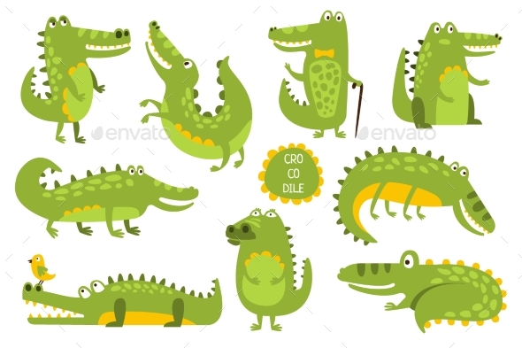 Crocodile Cute Character In Different Poses - People Characters