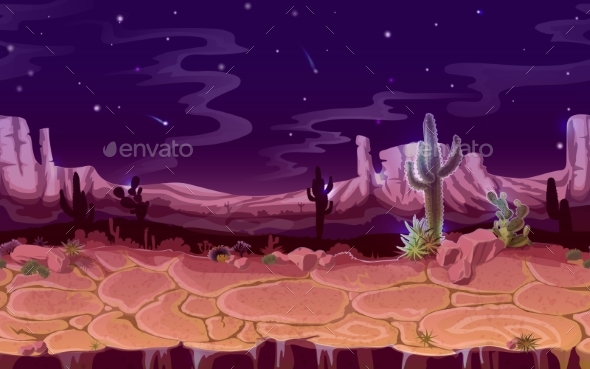 Vector Seamless Desert Night Horizontal Landscape - Nature Conceptual