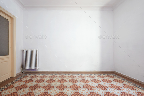 Empty room interior with liberty tiled floor with decoration Stock Photo by andreahast