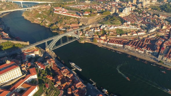 Portugal Porto Aerial Video City Centre Old Buildings Architecture Rooftop River alt