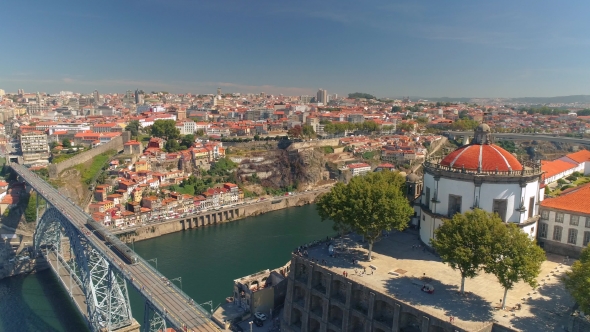 Aerial Video of City Centre with Bridges and Monastery Aerial Video of City Centre with Old Buildings in Porto in Portugal alt