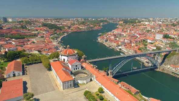 Portugal Porto Aerial Video City Centre Bridge Old Architecture Rooftop alt