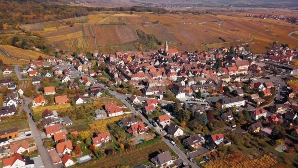 Flight Over Autumn Riquewihr Vineyards, Alsace, France. alt