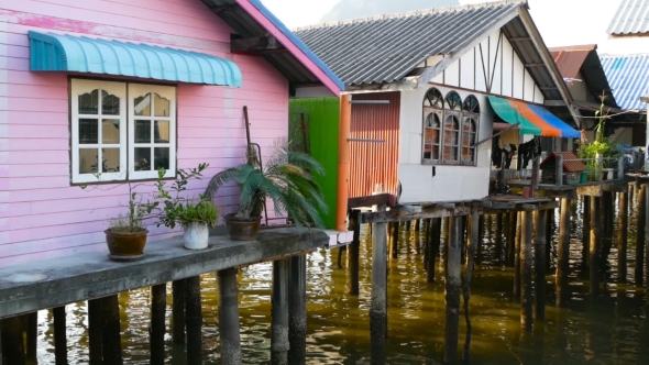 Wooden Houses of Muslim Fishermen Ot Stilts in PhangNga Province, Thailand alt