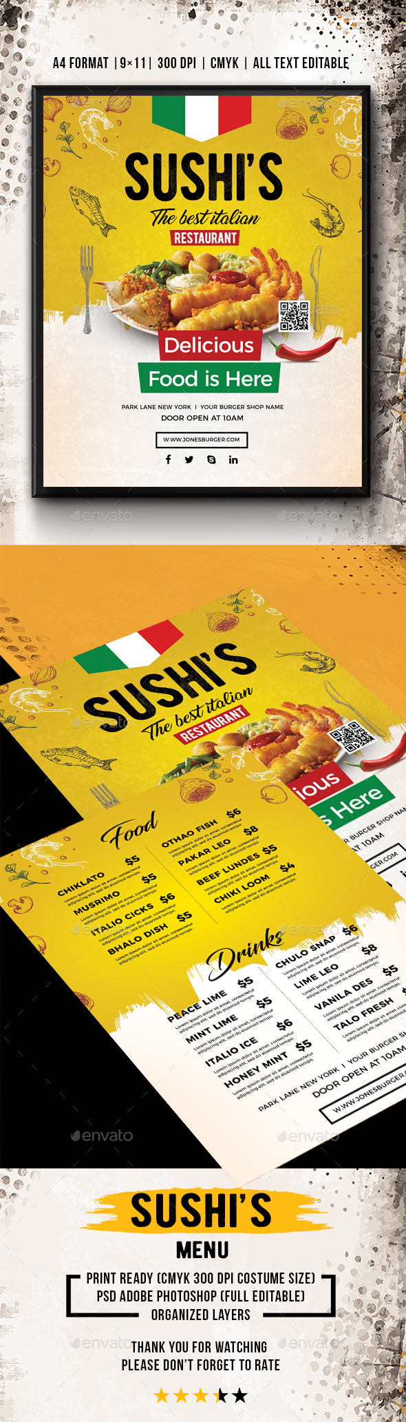 Sushi’s Restaurant Menu - Food Menus Print Templates