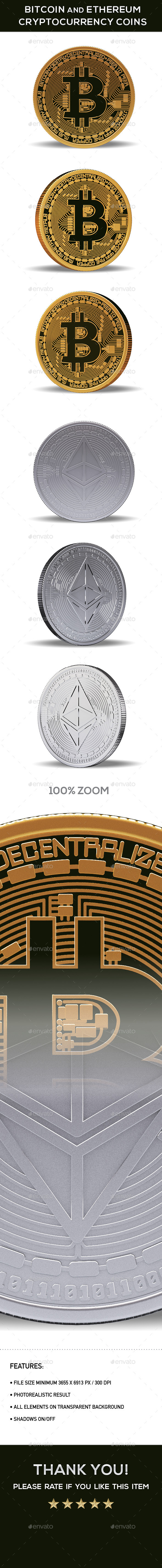 Bitcoin and Ethereum Cryptocurrency Coins - 3D Renders Graphics