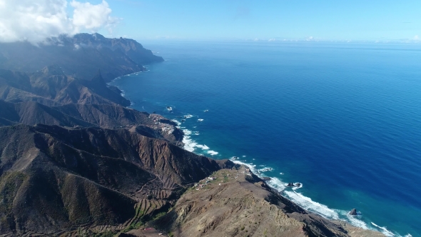 Flight Over Beautiful Mountains Near Ocean Shore