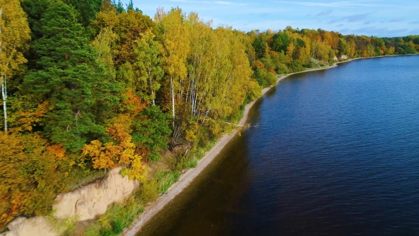 Flight Over Lake and Forest at Autumn