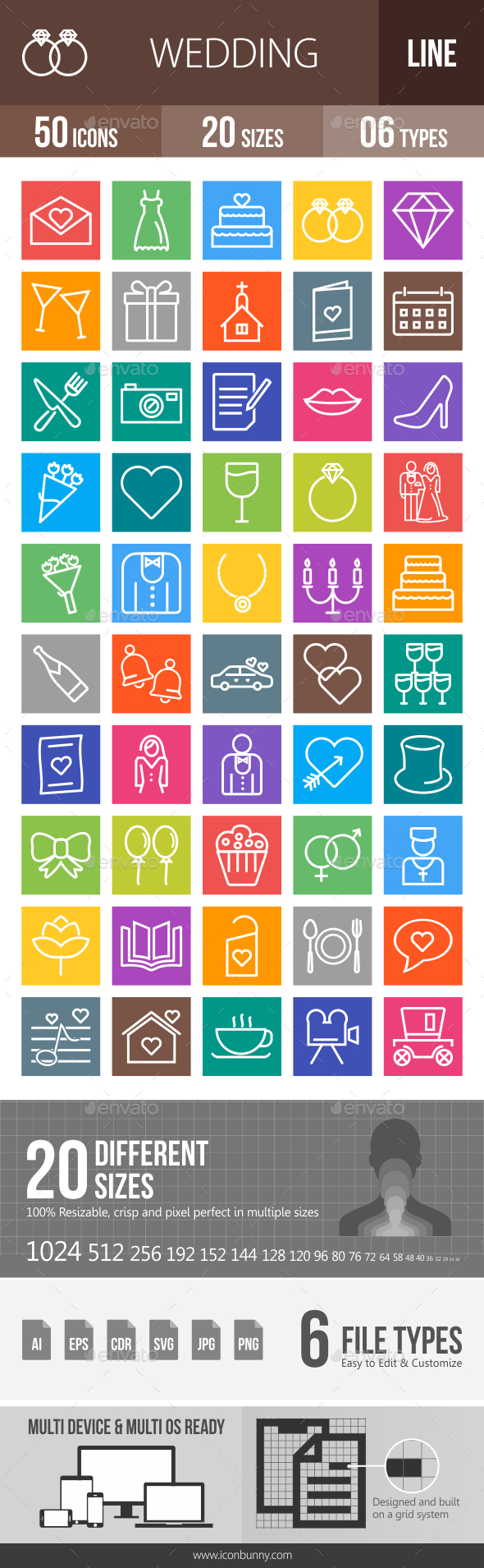 50 Wedding Line Multicolor B/G Icons - Icons
