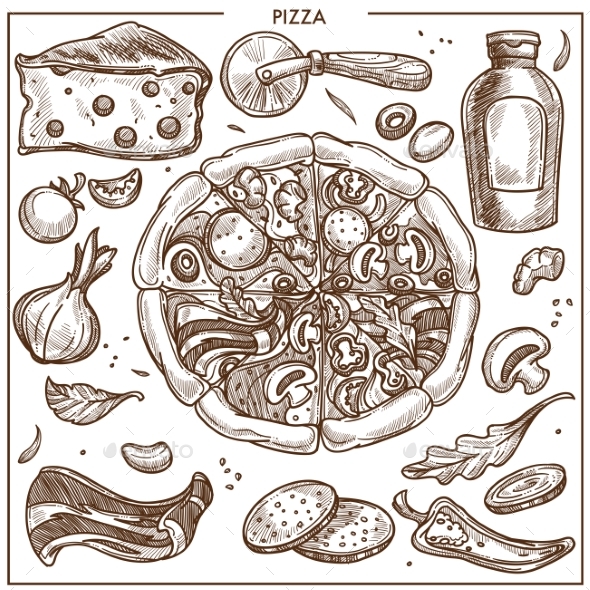 Pizza Ingredients Sketch Vector Icons for Italian - Food Objects
