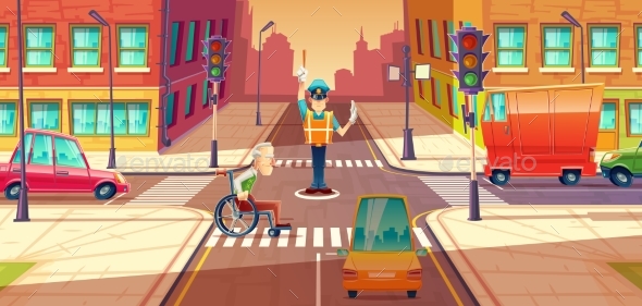Vector Illustration of Crossing Guard Adjusting - Man-made Objects Objects