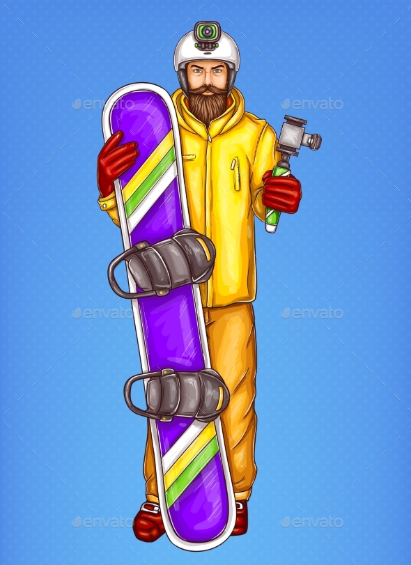 Pop Art Snowboarder Man Vector Sketch Illustration - People Characters